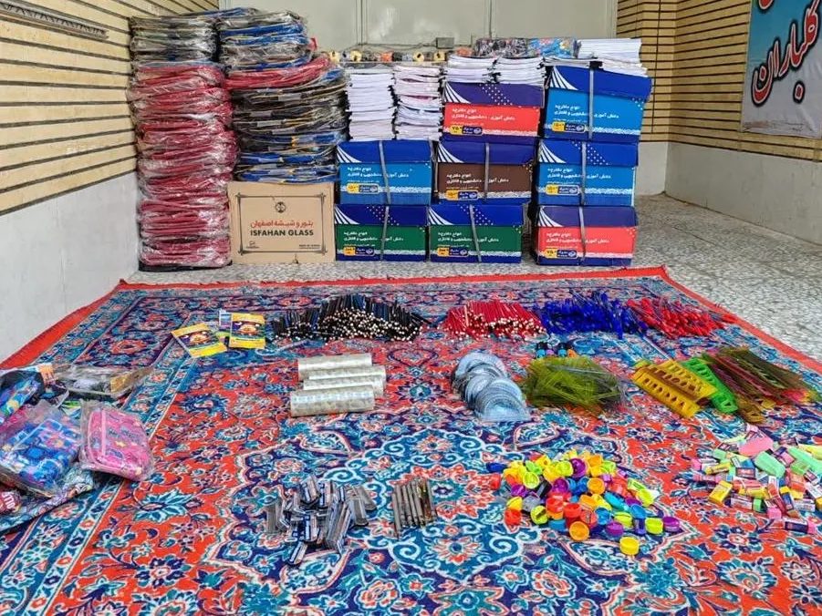 Pencils, pens, rulers, sharpeners, erasers and pencil cases sorted on a carpet, with notebook cartons behind