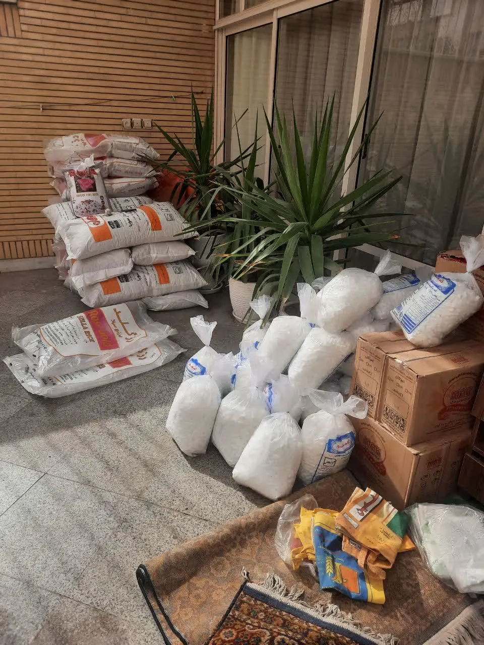 Rice, oil, and supplies packed and staged for delivery